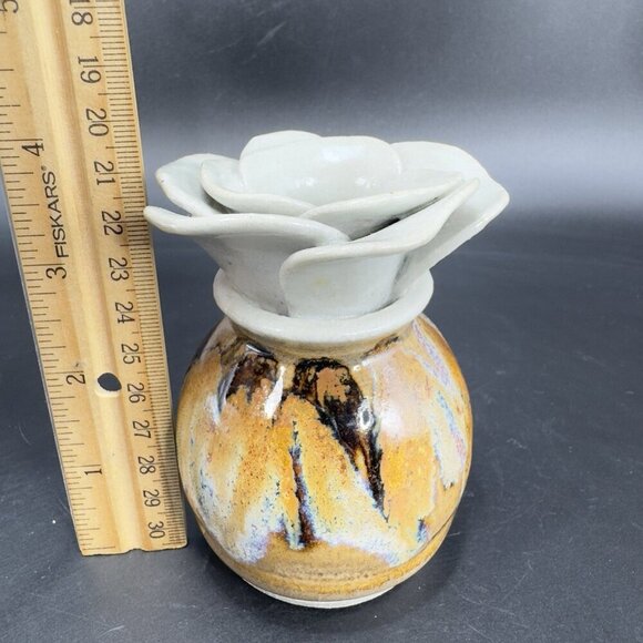Vintage Studio Pottery Flower Shaped Bud Vase Drip Glaze Stoneware Signed Judy - Picture 2 of 12